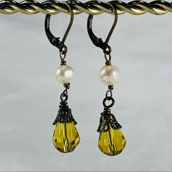 Genuine pearl and citrine faceted earrings - Picture 2 of 5